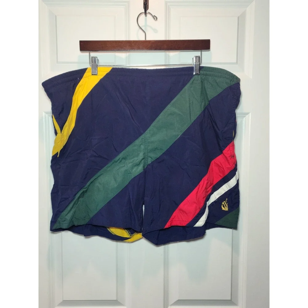 Vintage 90s Nautica Swim Trunks Men's Large Colorblock Striped Board Shorts Navy